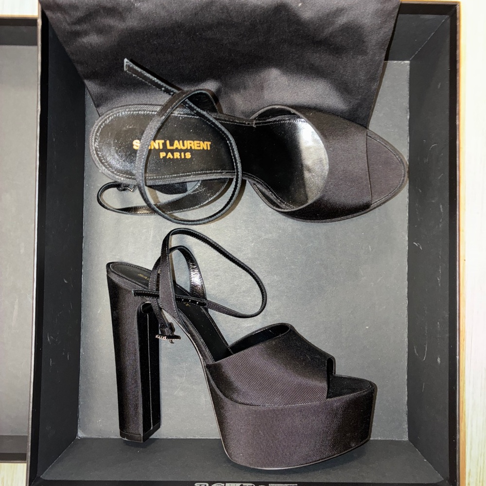 Saint Laurent Black Satin Platform Ankle-Strap Heels